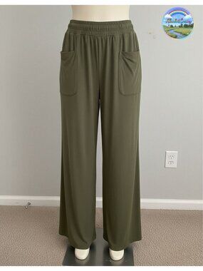 Wide Leg Palazzo Pants High Waisted Pull On Smocked Elastic Waist Flowy Bell
